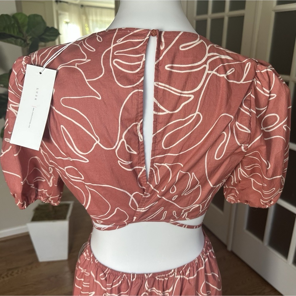Lush Caramel Abstract Puff Sleeve Cutout Midi Dress Size M NWT 100% Cotton - Picture 9 of 12
